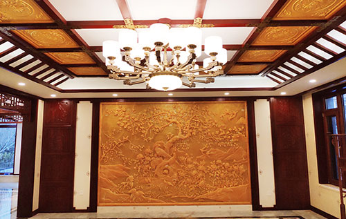 永春中式别墅客厅中式木作横梁吊顶装饰展示